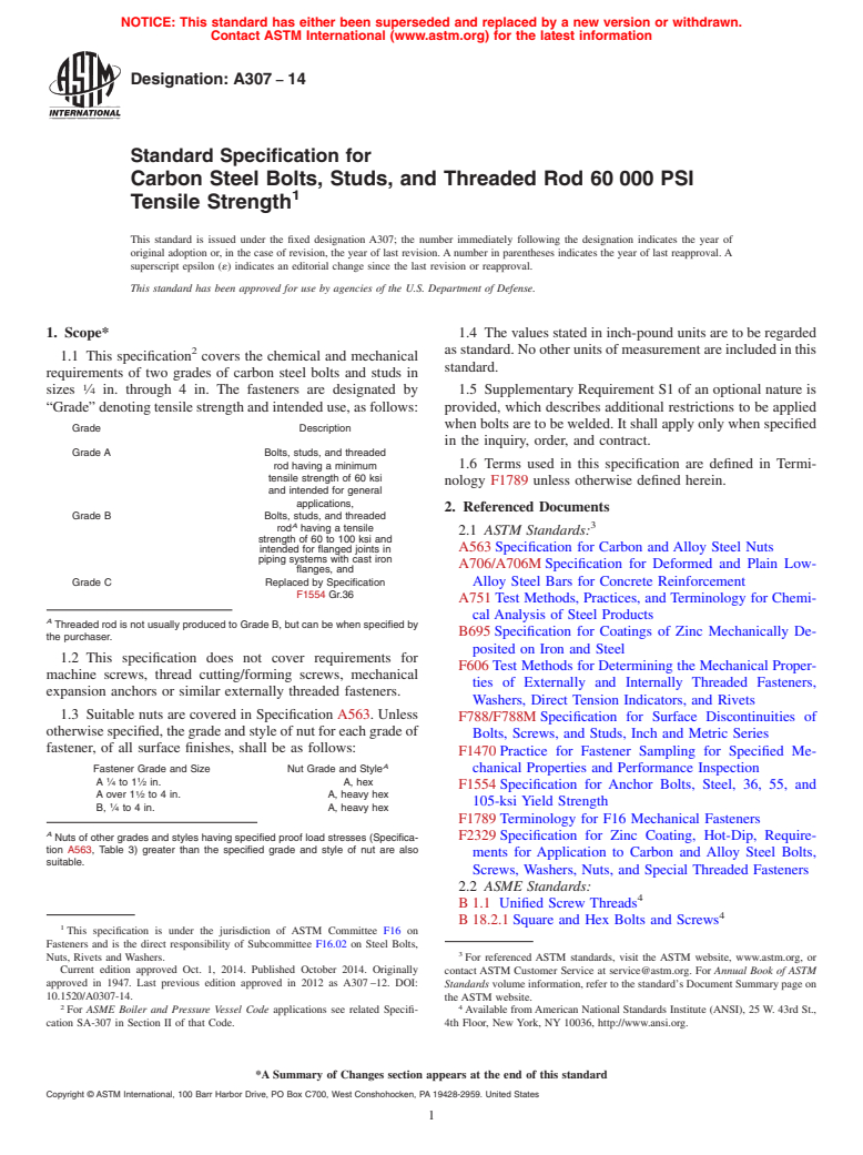 ASTM A307-14 - Standard Specification for  Carbon Steel Bolts, Studs, and Threaded Rod 60000 PSI Tensile  Strength