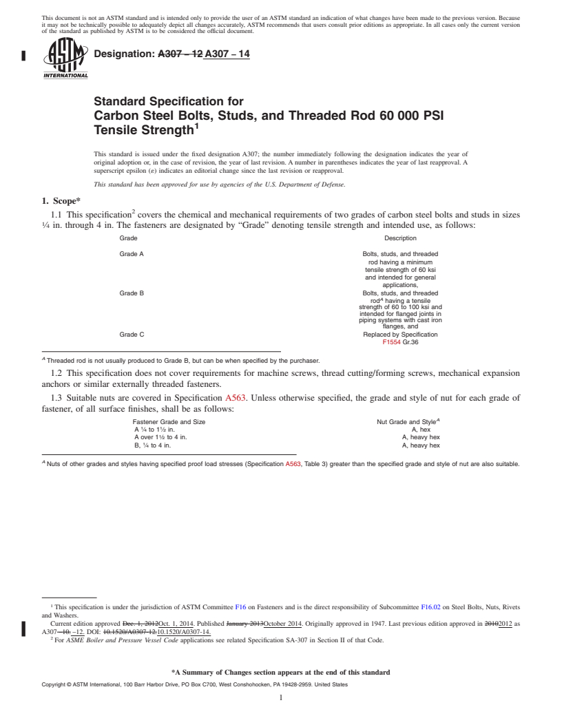 REDLINE ASTM A307-14 - Standard Specification for  Carbon Steel Bolts, Studs, and Threaded Rod 60000 PSI Tensile  Strength