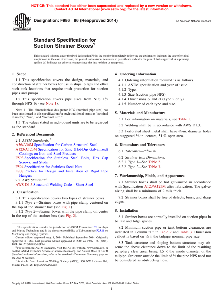 ASTM F986-86(2014) - Standard Specification for  Suction Strainer Boxes