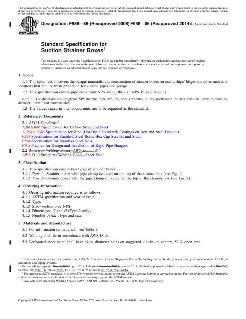 REDLINE ASTM F986-86(2014) - Standard Specification for  Suction Strainer Boxes