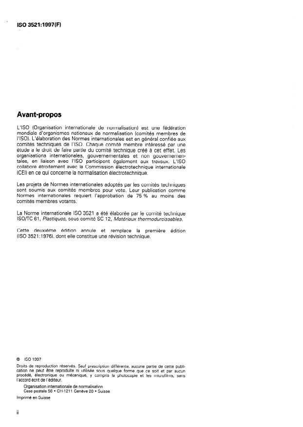 ISO 3521:1997 ISO 3521:1997 - Plastiques -- Résines d'époxydes et de polyesters non saturés -- Détermination du retrait global en volume - Page 2 preview