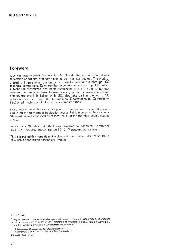 ISO 3521:1997 ISO 3521:1997 - Plastics -- Unsaturated polyester and epoxy resins -- Determination of overall volume shrinkage - Page 2 preview