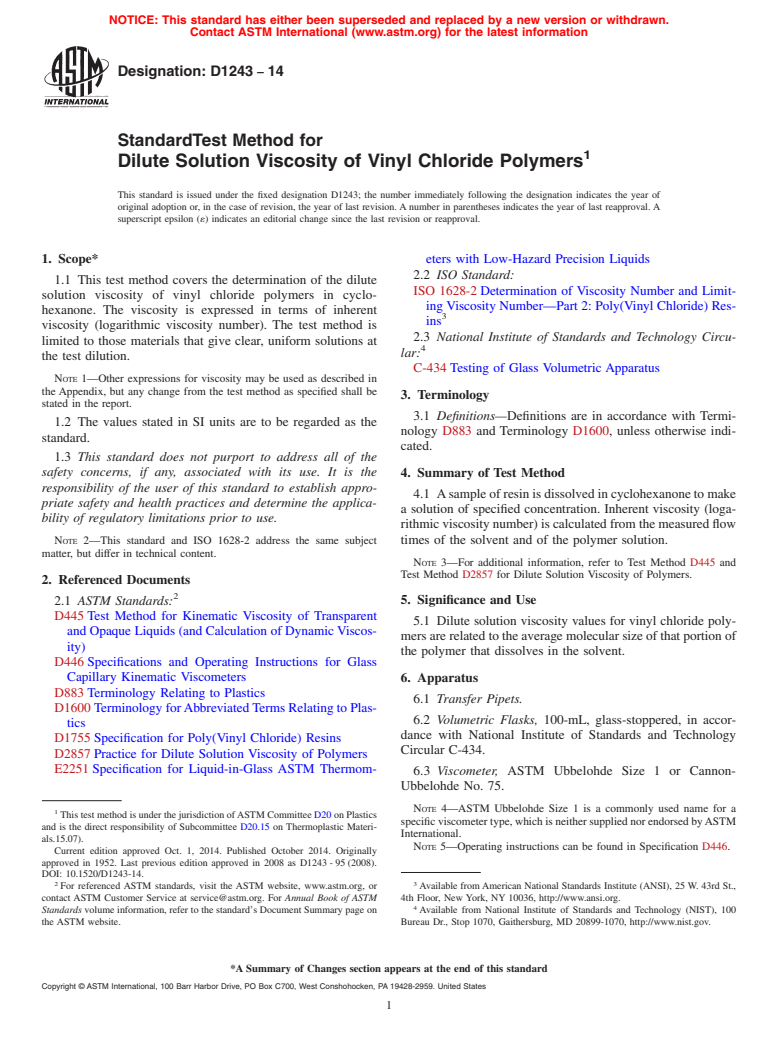 ASTM D1243-14 - Standard Test Method for  Dilute Solution Viscosity of Vinyl Chloride Polymers