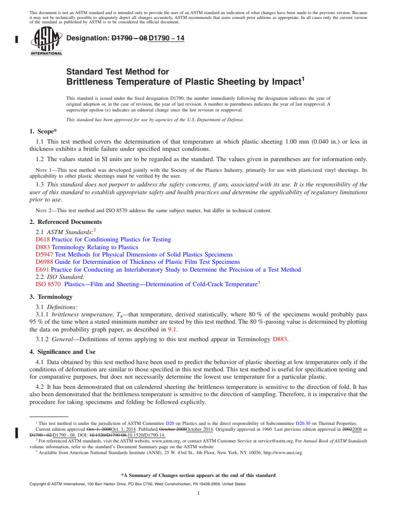 REDLINE ASTM D1790-14 - Standard Test Method for  Brittleness Temperature of Plastic Sheeting by Impact