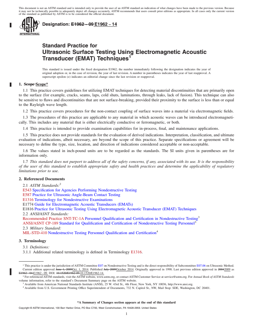 REDLINE ASTM E1962-14 - Standard Practice for  Ultrasonic Surface Testing Using Electromagnetic Acoustic Transducer  &#40;EMAT&#41; Techniques