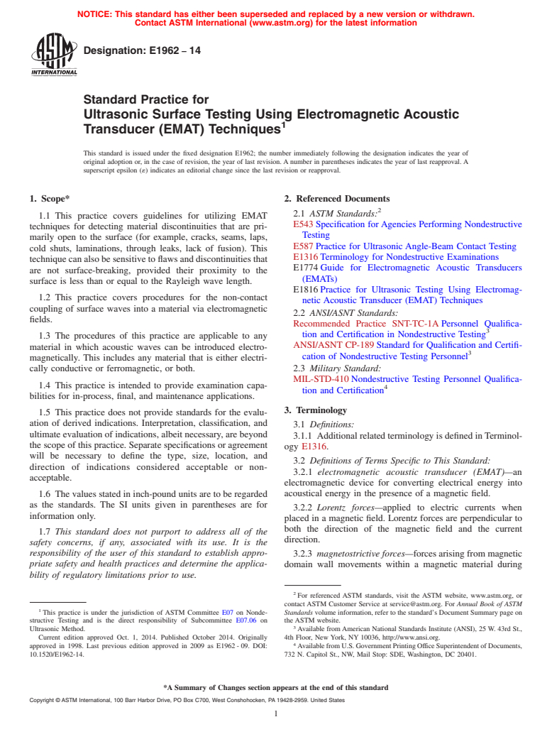 ASTM E1962-14 - Standard Practice for  Ultrasonic Surface Testing Using Electromagnetic Acoustic Transducer  &#40;EMAT&#41; Techniques