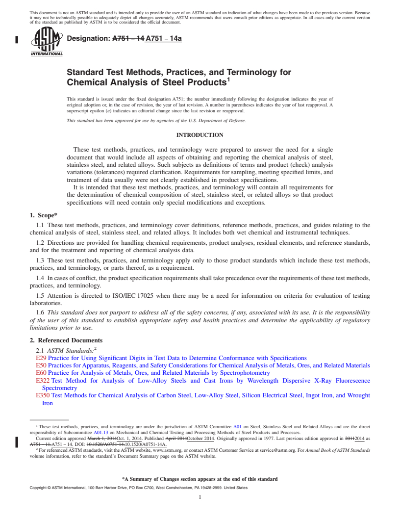 REDLINE ASTM A751-14a - Standard Test Methods, Practices, and Terminology for  Chemical Analysis of Steel Products