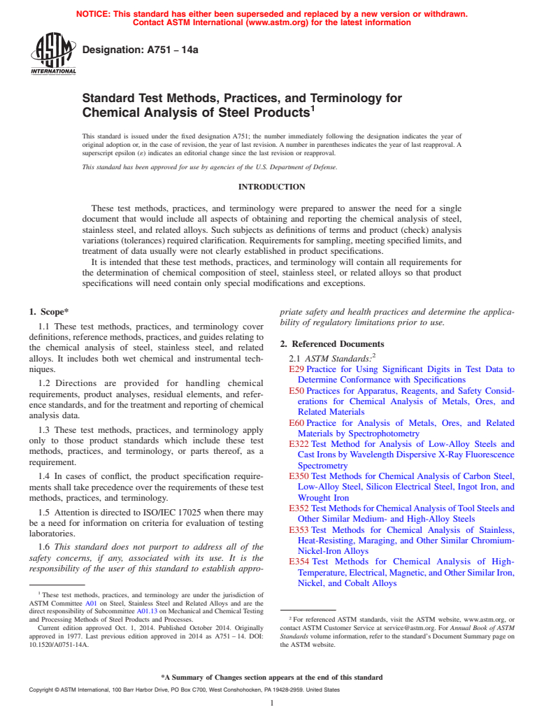 ASTM A751-14a - Standard Test Methods, Practices, and Terminology for  Chemical Analysis of Steel Products