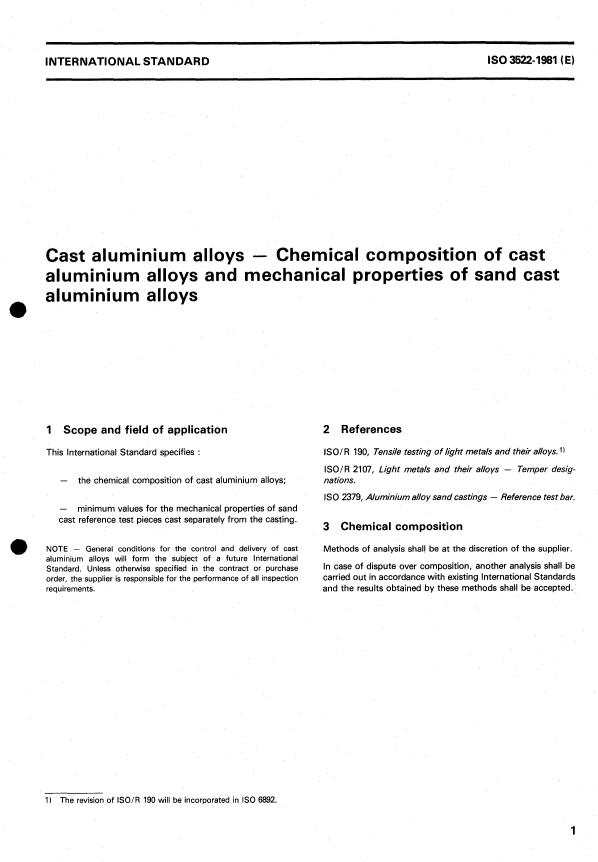 ISO 3522:1981 - Cast aluminium alloys -- Chemical composition of cast aluminium alloys and mechanical properties of sand cast aluminium alloys