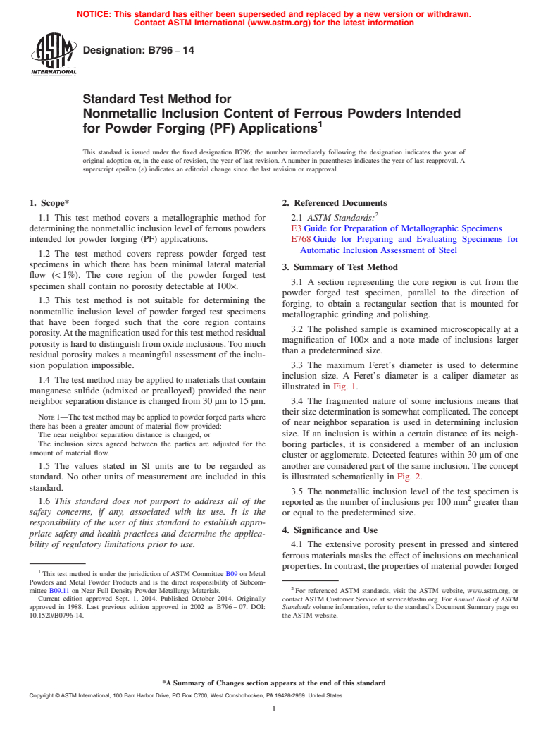 ASTM B796-14 - Standard Test Method for  Nonmetallic Inclusion Content of Ferrous Powders Intended for  Powder Forging  &#40;PF&#41; Applications