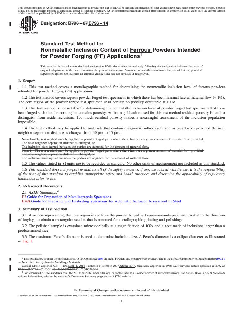 REDLINE ASTM B796-14 - Standard Test Method for  Nonmetallic Inclusion Content of Ferrous Powders Intended for  Powder Forging  &#40;PF&#41; Applications