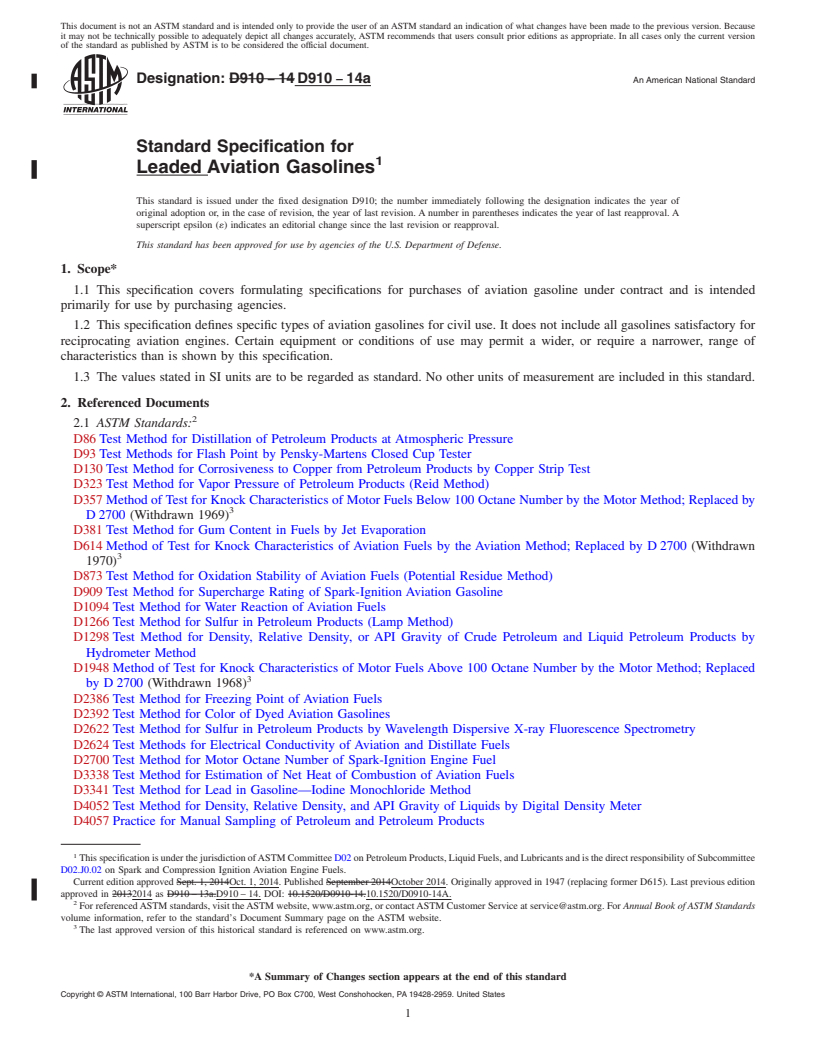 REDLINE ASTM D910-14a - Standard Specification for  Leaded Aviation Gasolines