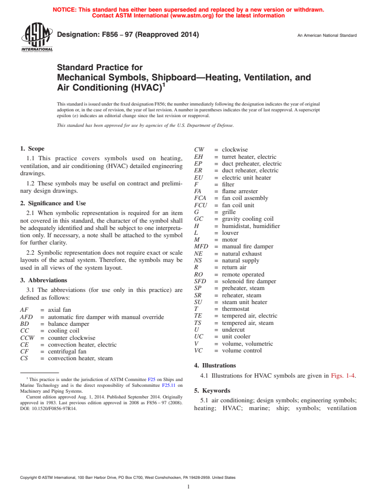 ASTM F856-97(2014) - Standard Practice for  Mechanical Symbols, Shipboard&mdash;Heating, Ventilation, and  Air Conditioning  &#40;HVAC&#41;