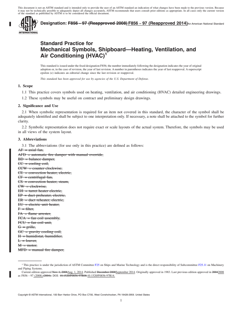 REDLINE ASTM F856-97(2014) - Standard Practice for  Mechanical Symbols, Shipboard&mdash;Heating, Ventilation, and  Air Conditioning  &#40;HVAC&#41;