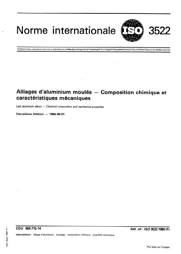 ISO 3522:1984 - Alliages d'aluminium moulés -- Composition chimique et caractéristiques mécaniques