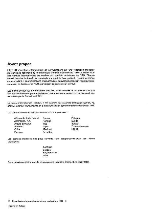 ISO 3522:1984 ISO 3522:1984 - Alliages d'aluminium moulés -- Composition chimique et caractéristiques mécaniques - Page 2 preview