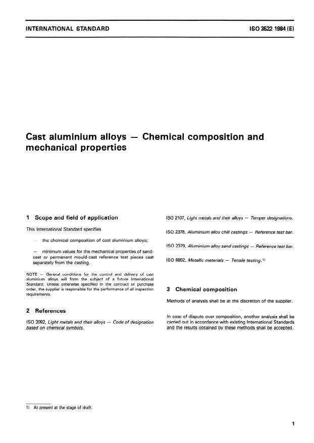 ISO 3522:1984 - Cast aluminium alloys -- Chemical composition and mechanical properties