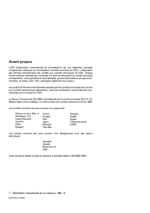 ISO 3522:1984 ISO 3522:1984 - Alliages d'aluminium moulés -- Composition chimique et caractéristiques mécaniques - Page 2 preview