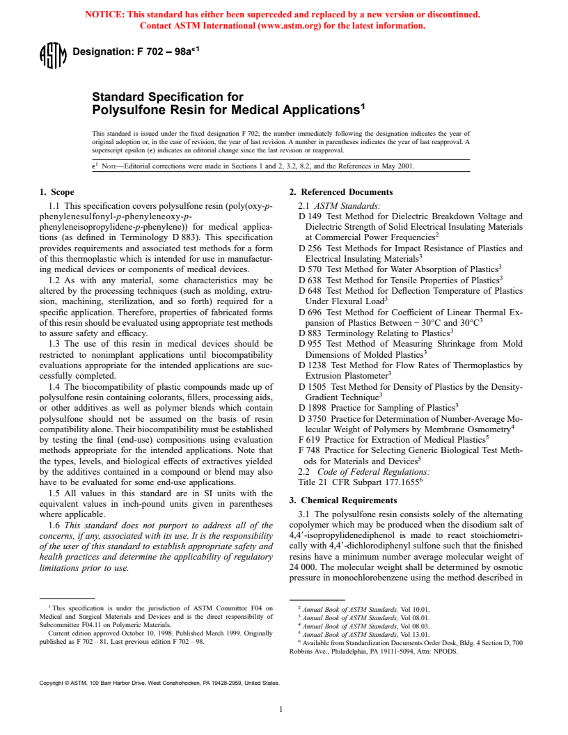 ASTM F702-98ae1 - Standard Specification for Polysulfone Resin for Medical Applications