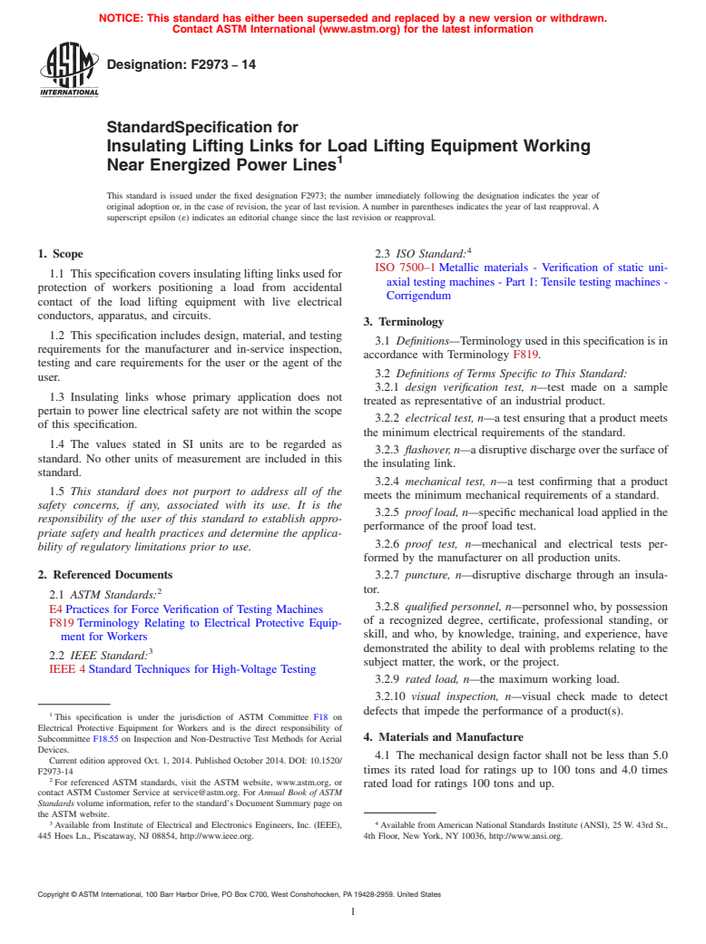 ASTM F2973-14 - Standard Specification for Insulating Lifting Links for Load Lifting Equipment Working  Near Energized Power Lines