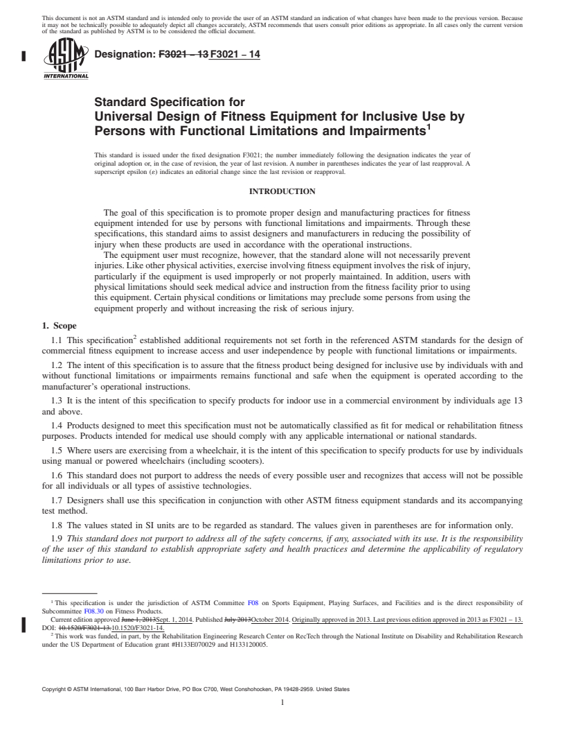 REDLINE ASTM F3021-14 - Standard Specification for Universal Design of Fitness Equipment for Inclusive Use by  Persons with Functional Limitations and Impairments