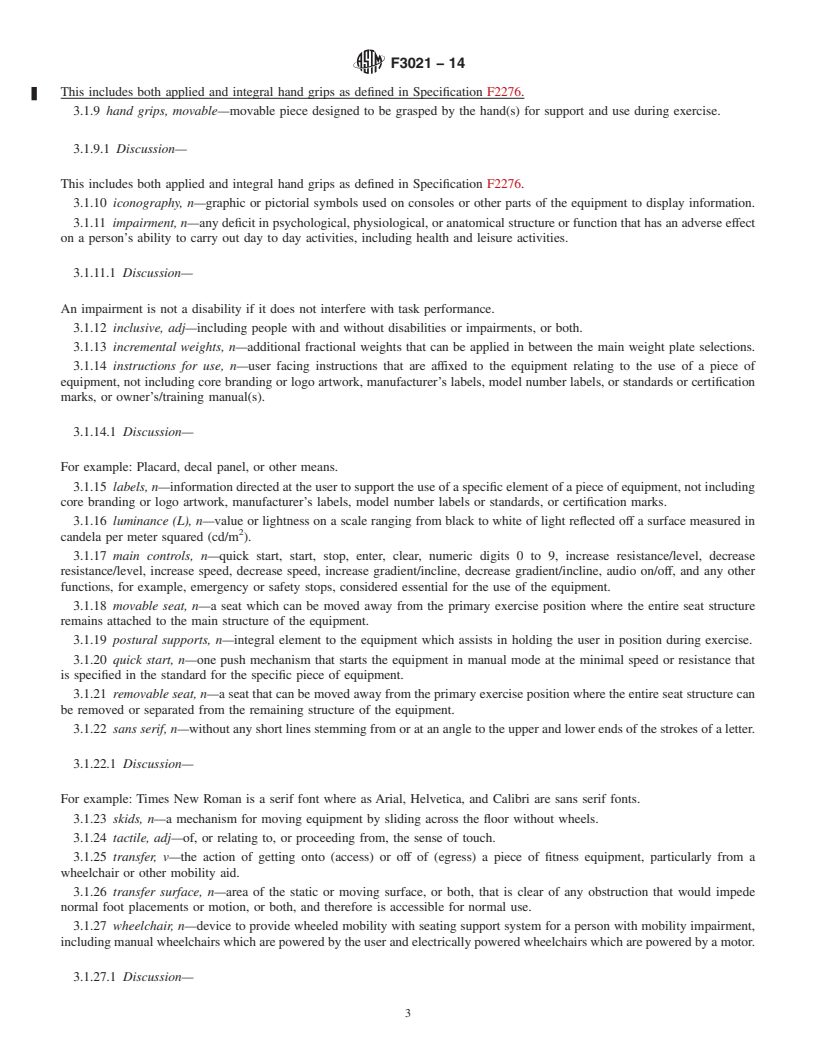 REDLINE ASTM F3021-14 - Standard Specification for Universal Design of Fitness Equipment for Inclusive Use by  Persons with Functional Limitations and Impairments