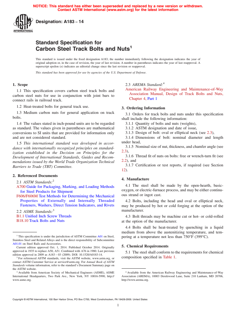 ASTM A183-14 - Standard Specification for  Carbon Steel Track Bolts and Nuts