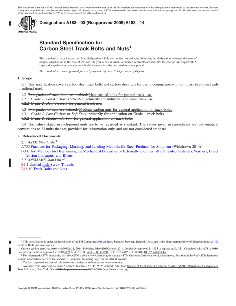 REDLINE ASTM A183-14 - Standard Specification for  Carbon Steel Track Bolts and Nuts