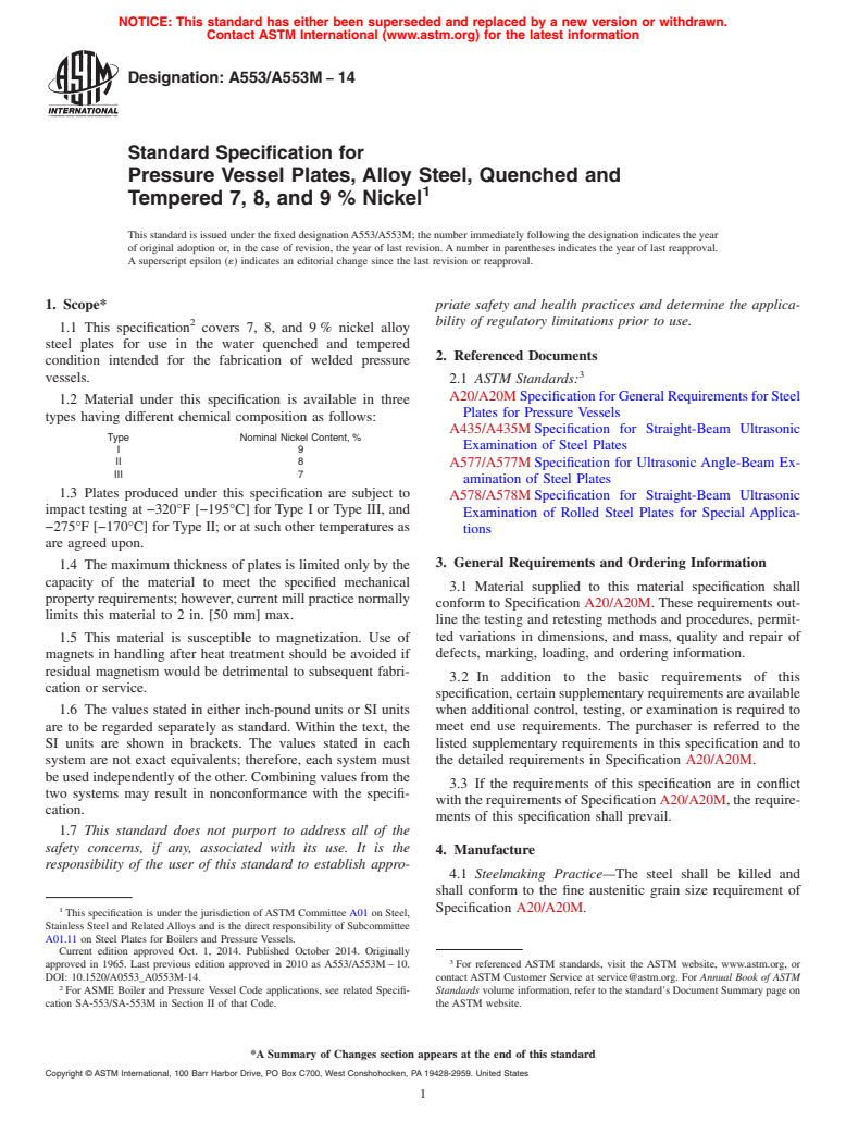 ASTM A553/A553M-14 - Standard Specification for  Pressure Vessel Plates, Alloy Steel, Quenched and Tempered  7, 8, and 9 % Nickel