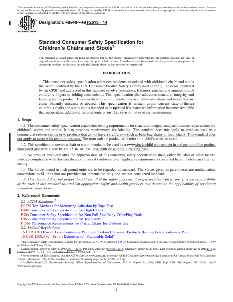 REDLINE ASTM F2613-14 - Standard Consumer Safety Specification for  Children&rsquo;s Chairs and Stools