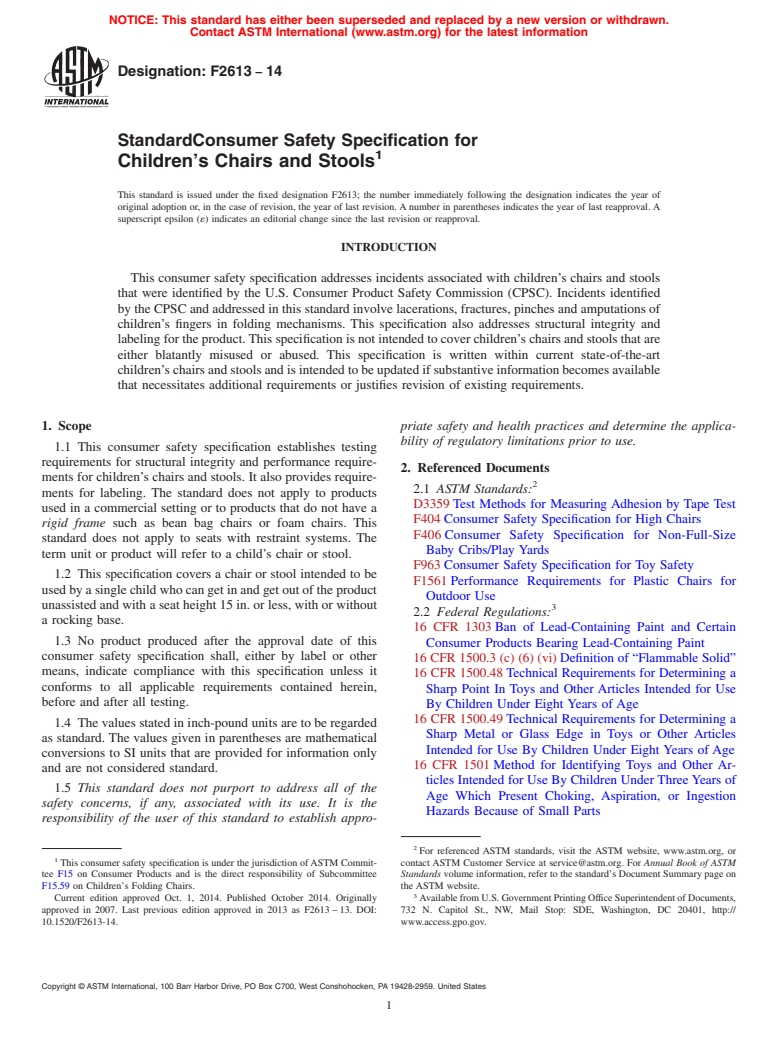 ASTM F2613-14 - Standard Consumer Safety Specification for  Children&rsquo;s Chairs and Stools