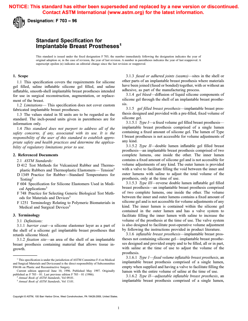 ASTM F703-96 - Standard Specification for Implantable Breast Prostheses