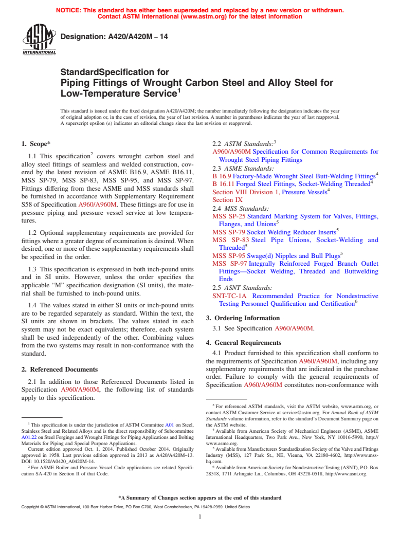 ASTM A420/A420M-14 - Standard Specification for  Piping Fittings of Wrought Carbon Steel and Alloy Steel for   Low-Temperature Service