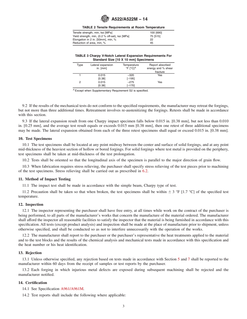 REDLINE ASTM A522/A522M-14 - Standard Specification for  Forged or Rolled 8 and 9% Nickel Alloy Steel Flanges, Fittings,   Valves, and Parts for Low-Temperature Service