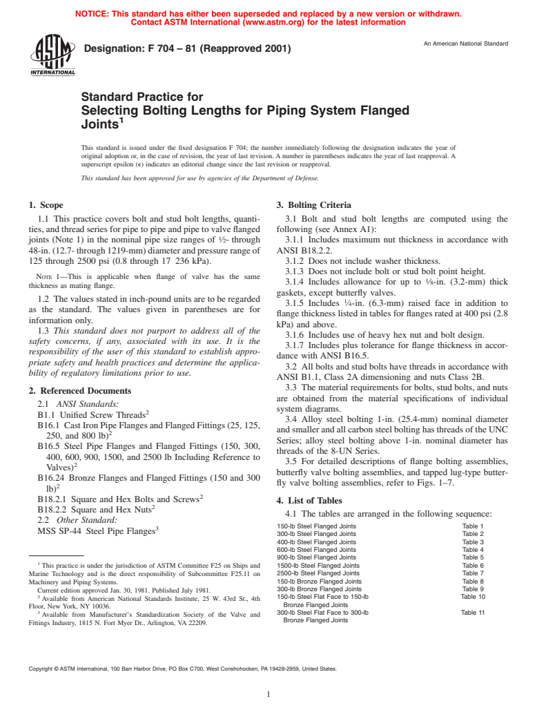 ASTM F704-81(2001) - Standard Practice for Selecting Bolting Lengths for Piping System Flanged Joints