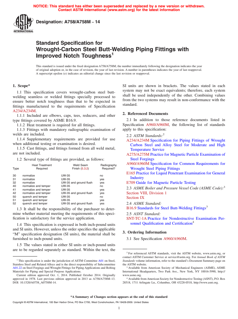 ASTM A758/A758M-14 - Standard Specification for  Wrought-Carbon Steel Butt-Welding Piping Fittings with Improved  Notch Toughness