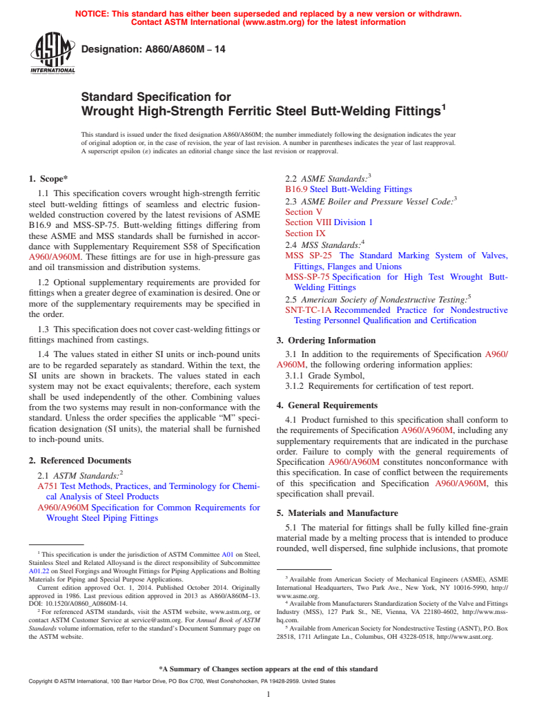 ASTM A860/A860M-14 - Standard Specification for  Wrought High-Strength Ferritic Steel Butt-Welding Fittings