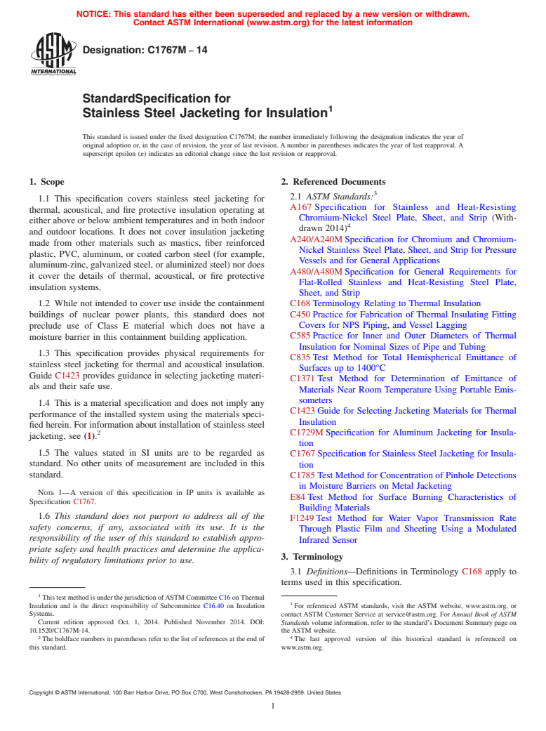 ASTM C1767M-14 - Standard Specification for Stainless Steel Jacketing for Insulation