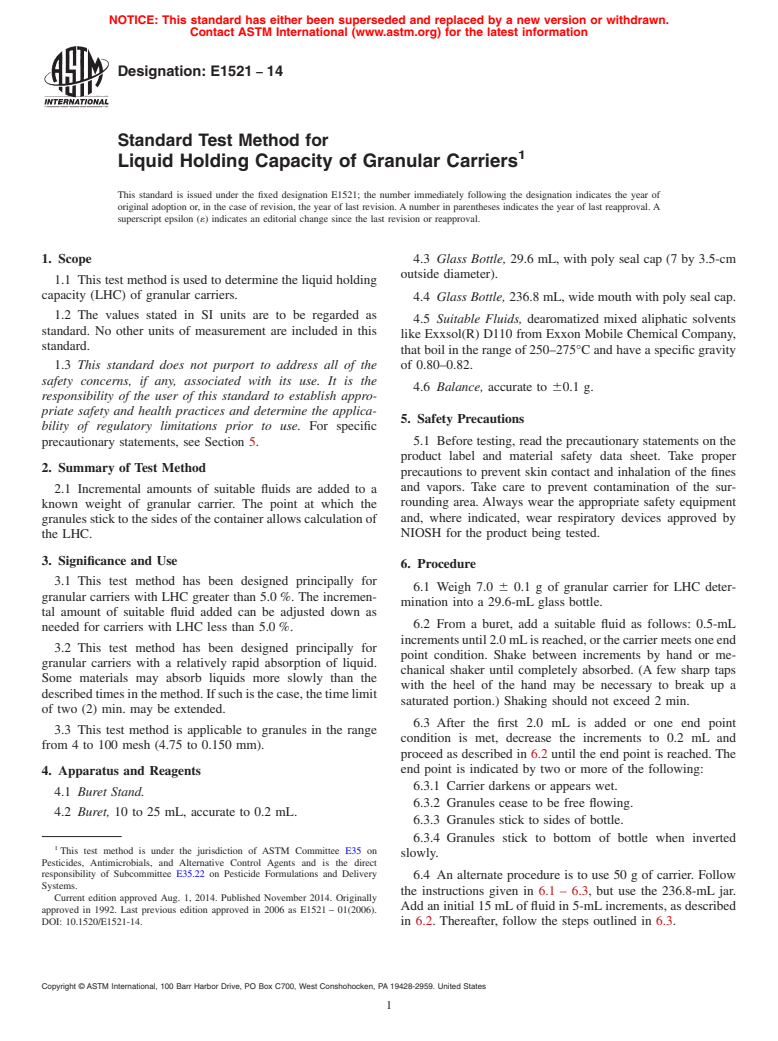 ASTM E1521-14 - Standard Test Method for  Liquid Holding Capacity of Granular Carriers