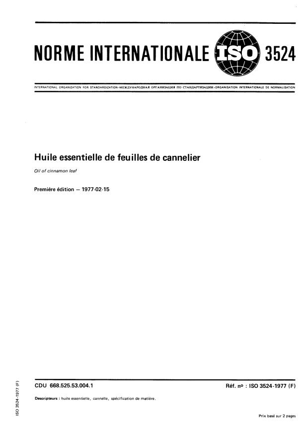 ISO 3524:1977 - Huile essentielle de feuilles de cannelier