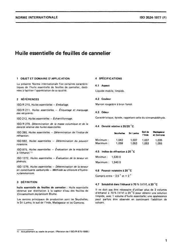 ISO 3524:1977 - Huile essentielle de feuilles de cannelier