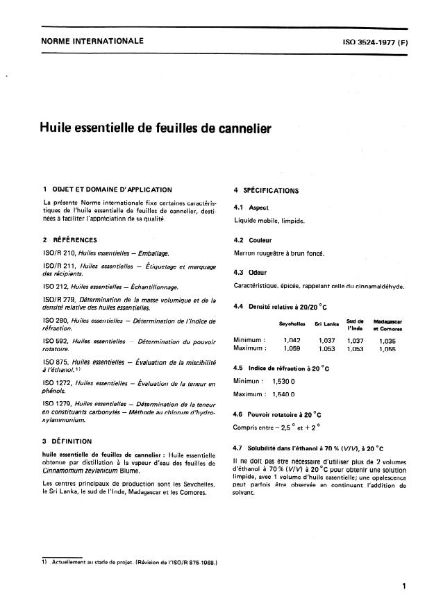 ISO 3524:1977 - Huile essentielle de feuilles de cannelier