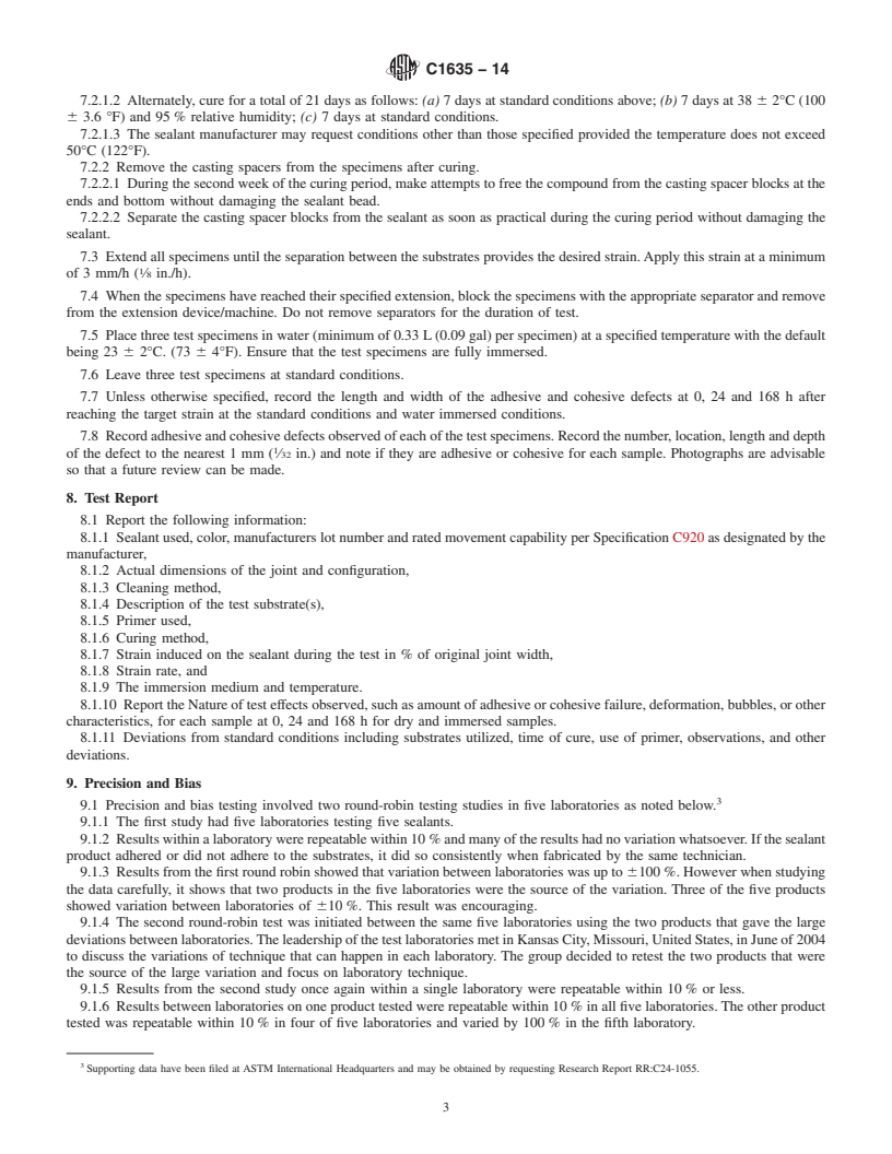 REDLINE ASTM C1635-14 - Standard Test Method to  Evaluate Adhesion/Cohesion Properties of a Sealant at Fixed  Extension