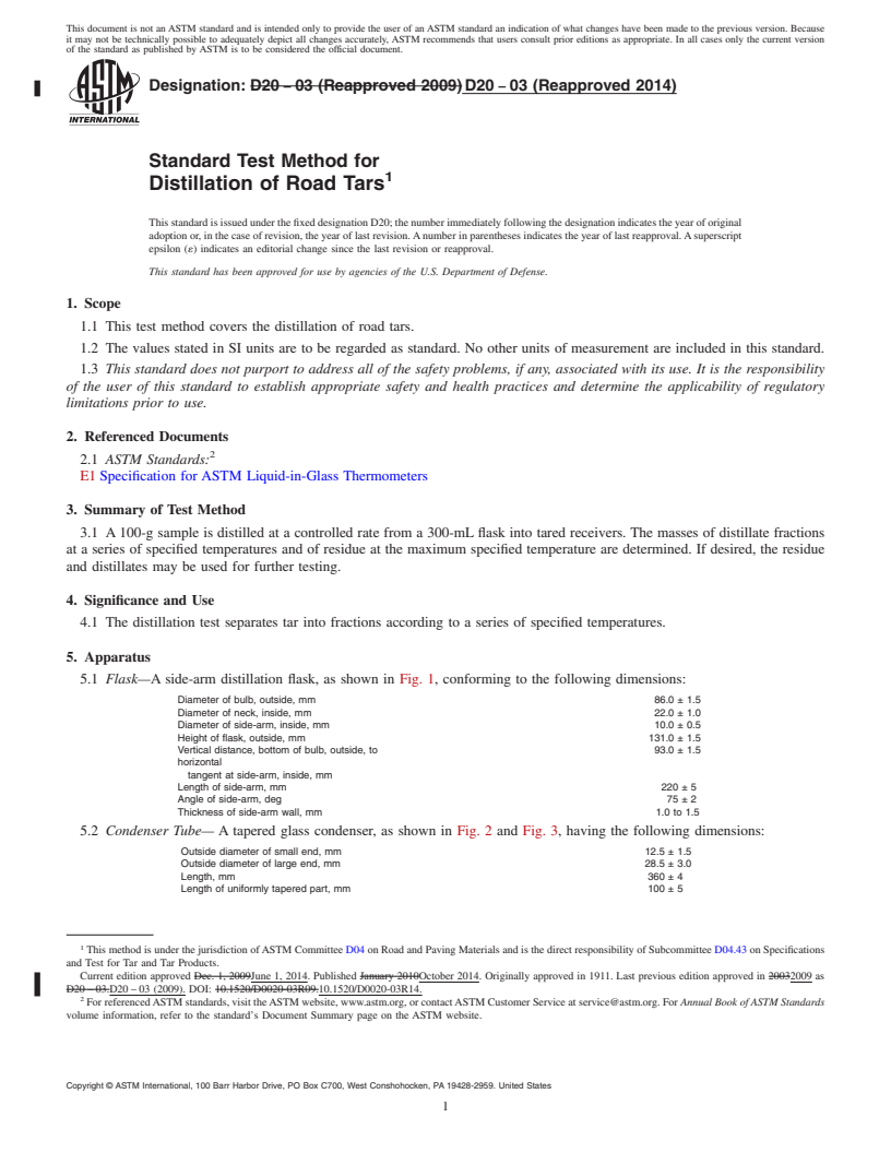 REDLINE ASTM D20-03(2014) - Standard Test Method for  Distillation of Road Tars