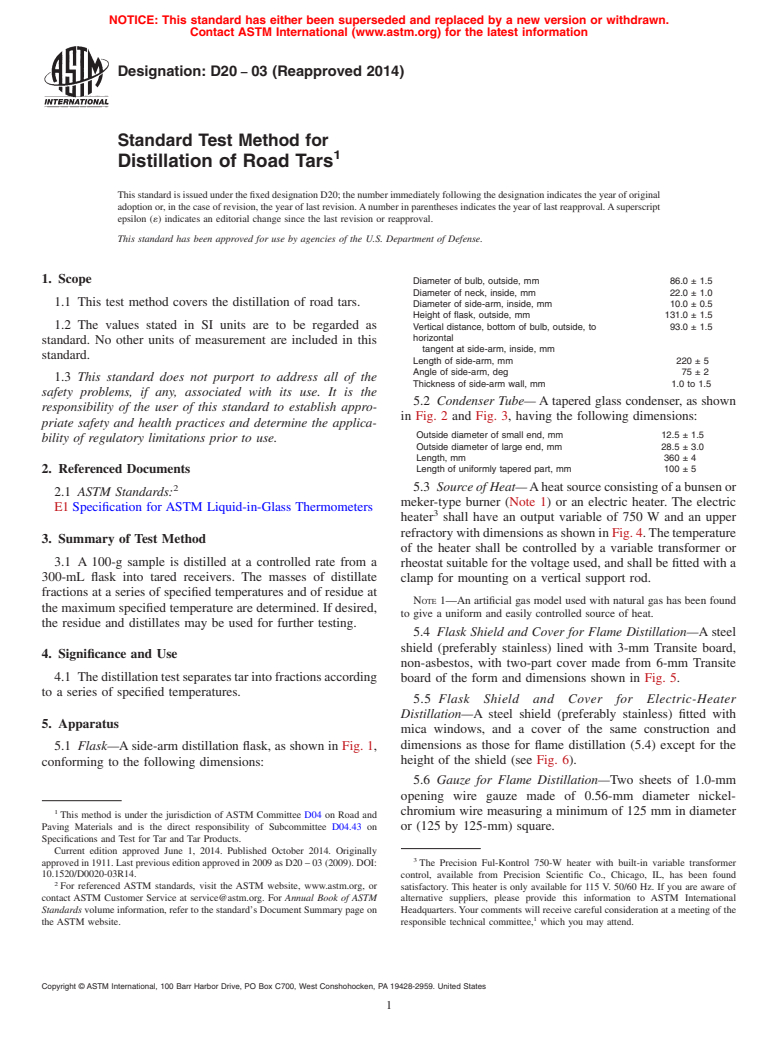 ASTM D20-03(2014) - Standard Test Method for  Distillation of Road Tars