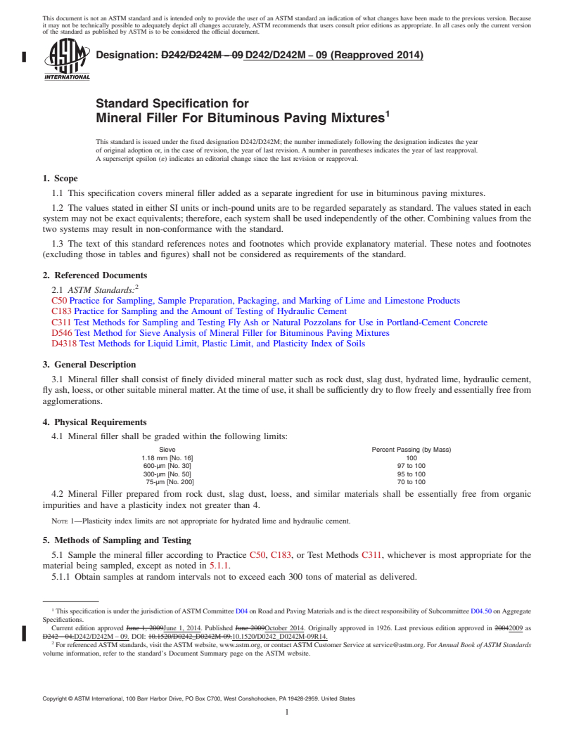 REDLINE ASTM D242/D242M-09(2014) - Standard Specification for  Mineral Filler For Bituminous Paving Mixtures