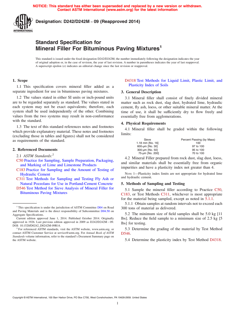 ASTM D242/D242M-09(2014) - Standard Specification for  Mineral Filler For Bituminous Paving Mixtures