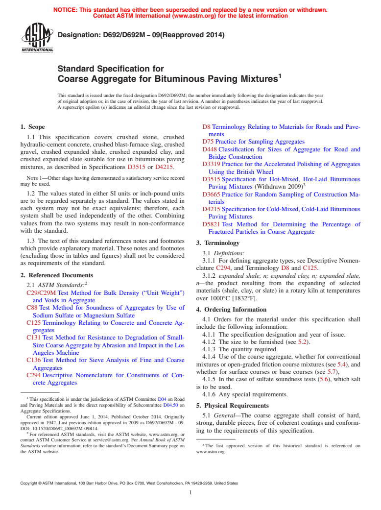 ASTM D692/D692M-09(2014) - Standard Specification for Coarse Aggregate for Bituminous Paving Mixtures