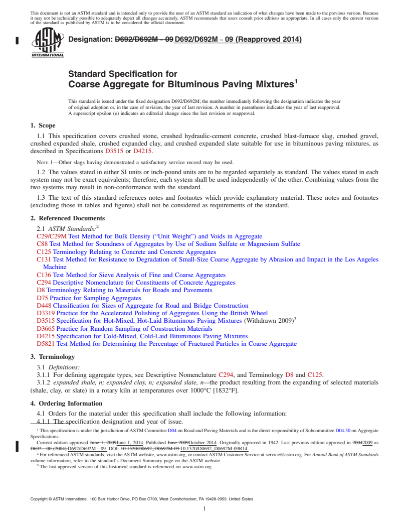 REDLINE ASTM D692/D692M-09(2014) - Standard Specification for Coarse Aggregate for Bituminous Paving Mixtures