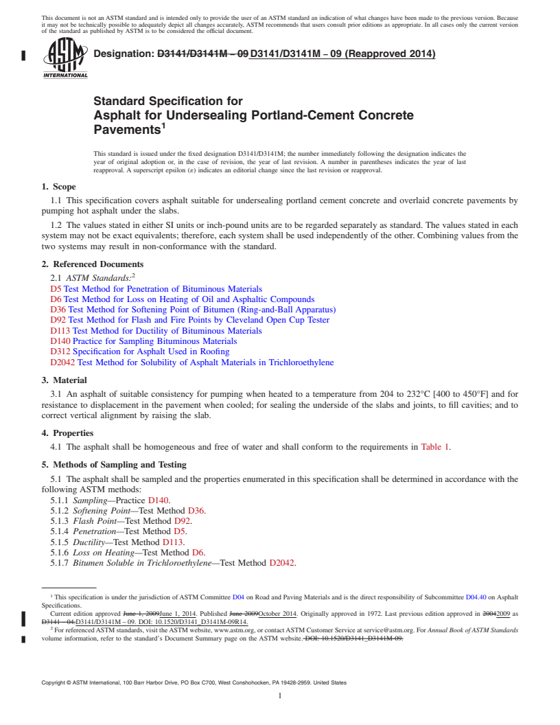 REDLINE ASTM D3141/D3141M-09(2014) - Standard Specification for Asphalt for Undersealing Portland-Cement Concrete Pavements